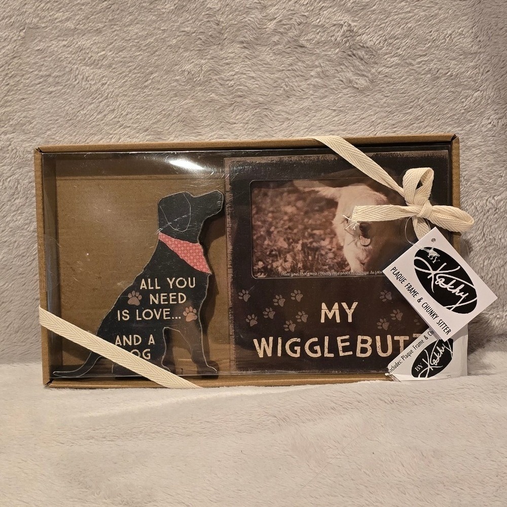 Primitives by Kathy Dog Photo Frame & Sitter Set My Wigglebutt Rustic Wood NEW